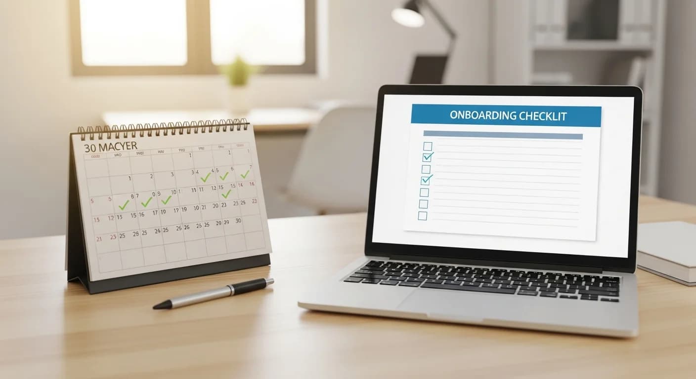 Calendar with 30-day onboarding plan checkmarks on a desk alongside a laptop