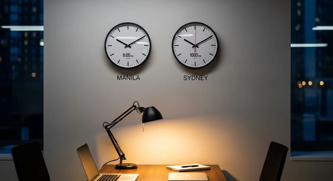 Two clocks showing Manila and Sydney time zones on an office desk with evening lighting