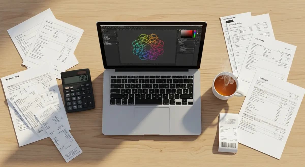 Small business workspace with laptop, calculator and design materials on a modern desk