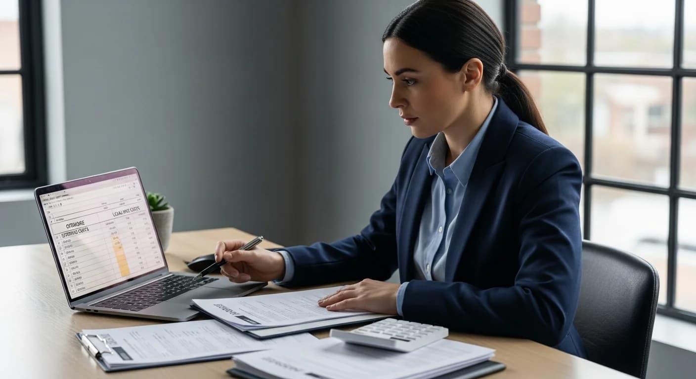 Business owner comparing offshore customer support costs on a laptop