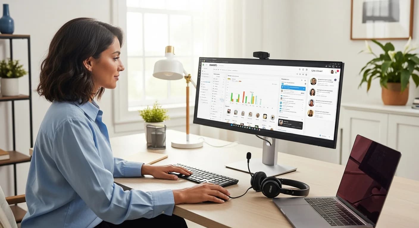 E-commerce brand manager at desk with Shopify dashboard and live chat support interface