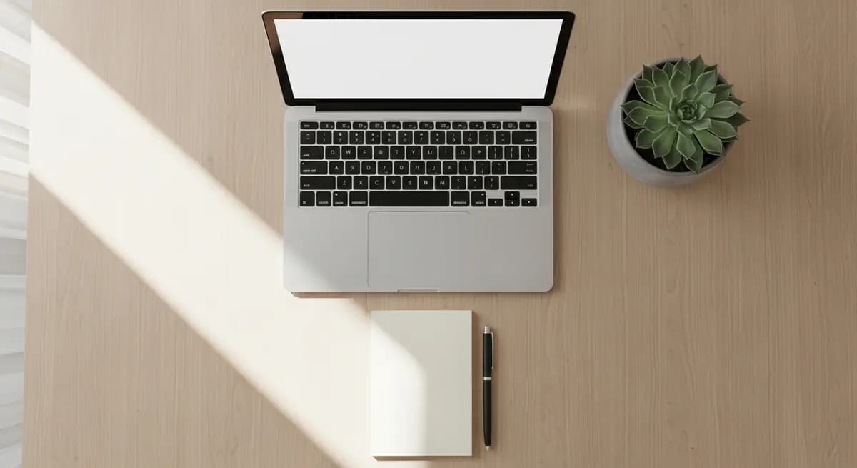Clean desk with laptop, notepad and succulent plant in natural light — remote work setup