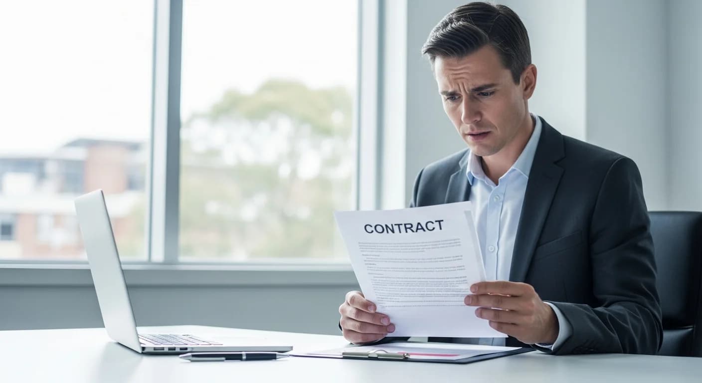 Professional reviewing an offshore staffing contract at a modern office desk, identifying hidden compliance risks