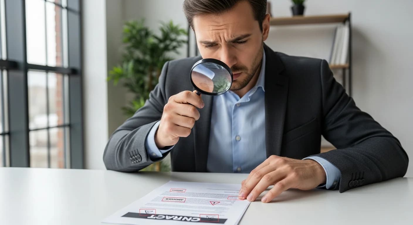 Business professional reviewing an offshore contract closely, identifying hidden risks