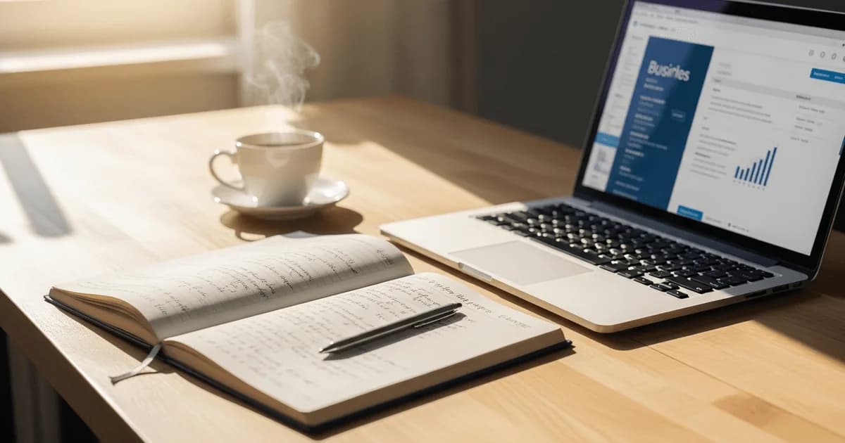 Small business owner with open notebook and laptop on a bright wooden desk — getting started with outsourcing