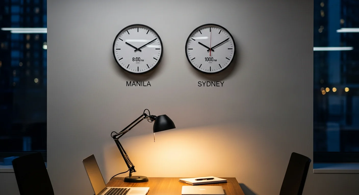 Two clocks showing Manila and Sydney time zones on an office desk with evening lighting