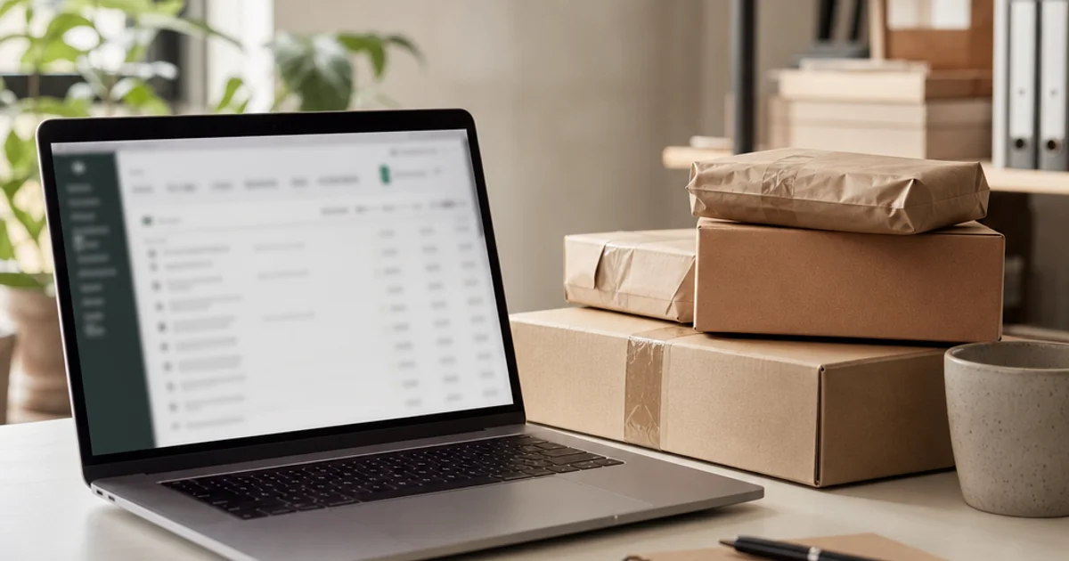 Laptop showing ecommerce orders beside kraft shipping parcels and a notebook in a naturally lit workspace