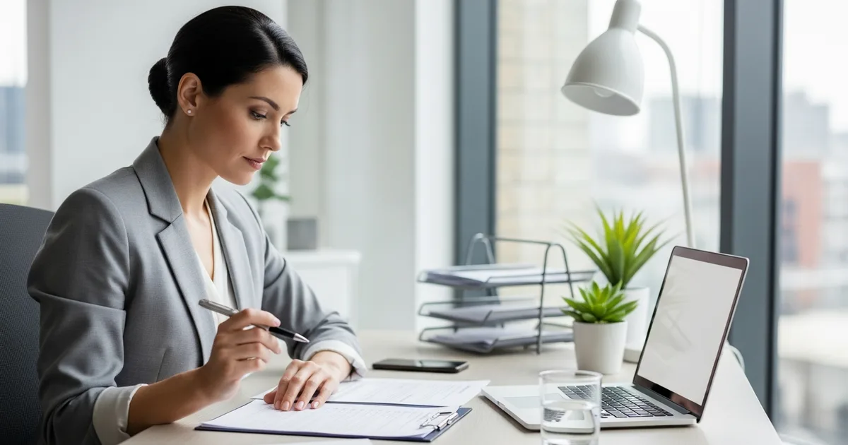 Business professional reviewing a contract and checklist at a modern office desk