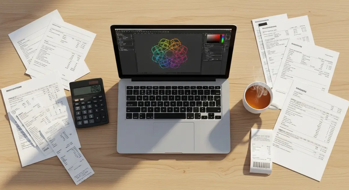 Small business workspace with laptop, calculator and design materials on a modern desk
