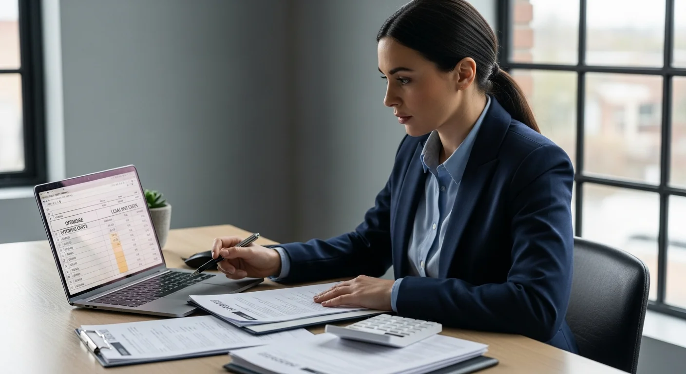 Business owner comparing offshore customer support costs on a laptop