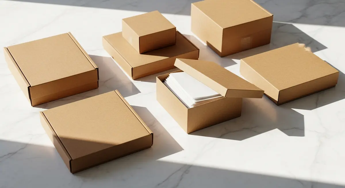 Neatly arranged kraft shipping boxes on a marble surface in warm natural light