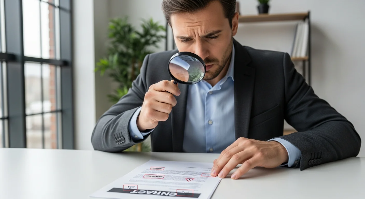 Business professional reviewing an offshore contract closely, identifying hidden risks