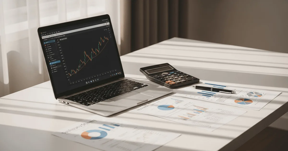 Laptop beside a calculator and financial papers on a clean white desk — budgeting for offshore staffing