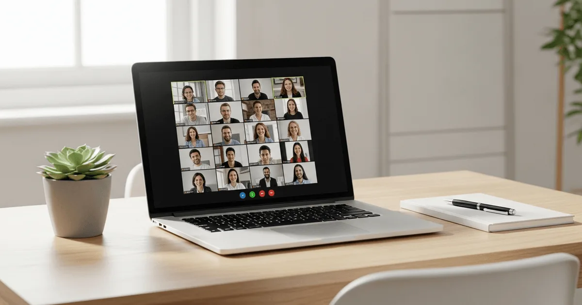 Laptop open to a video call on a tidy home office desk with notebook and plant — managing a remote offshore team
