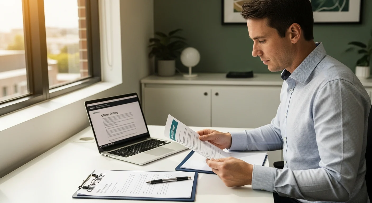 Australian accountant at a modern office desk reviewing offshore staffing compliance documents