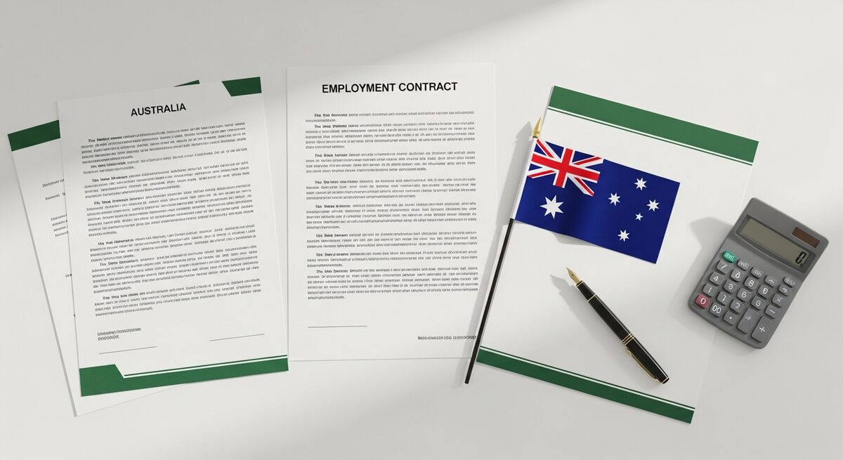Australian business owner reviewing tax documents and offshore worker payments at a desk