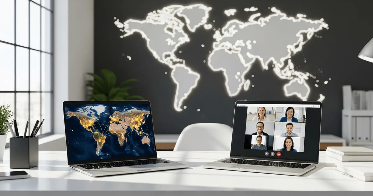 Two laptops on a white desk with a world map in the background — comparing Philippines and India outsourcing