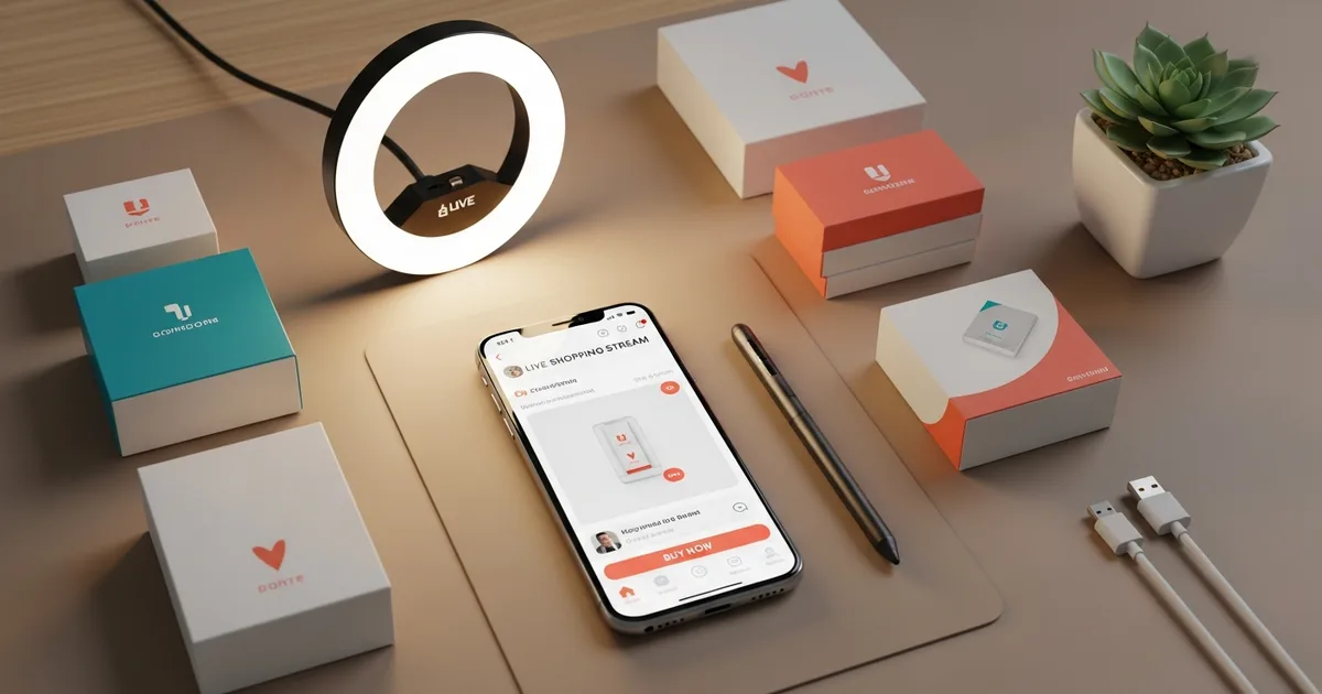 Smartphone displaying a live shopping stream on a clean desk with product boxes and a ring light