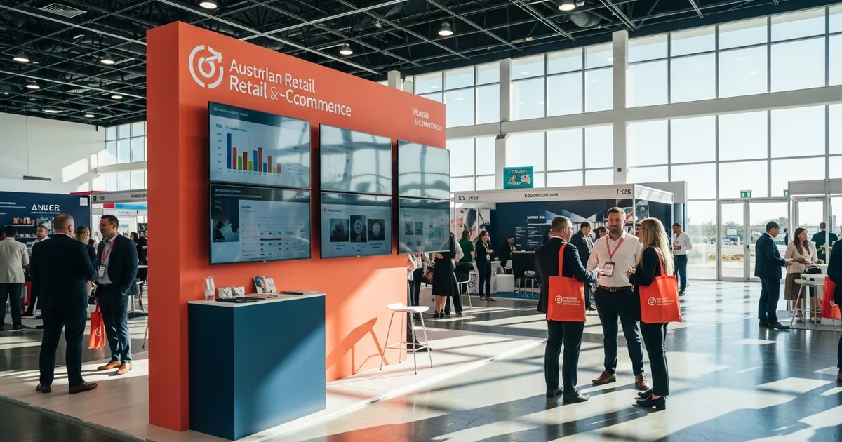 Exhibition floor at a modern Australian convention centre with retail and eCommerce trade show booths and professionals networking